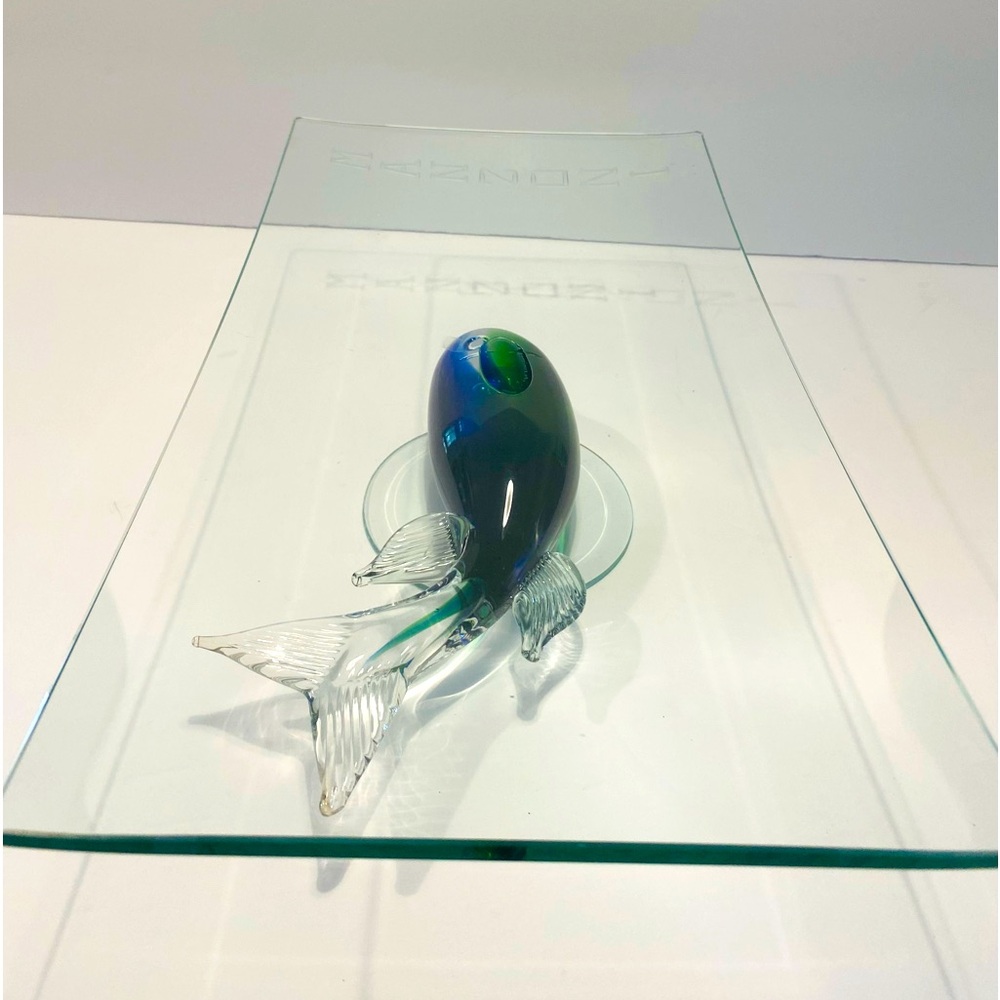 MANZONI Italy Art Glass Blue Fish Pedestal Glass Decoration Large Tray 14”